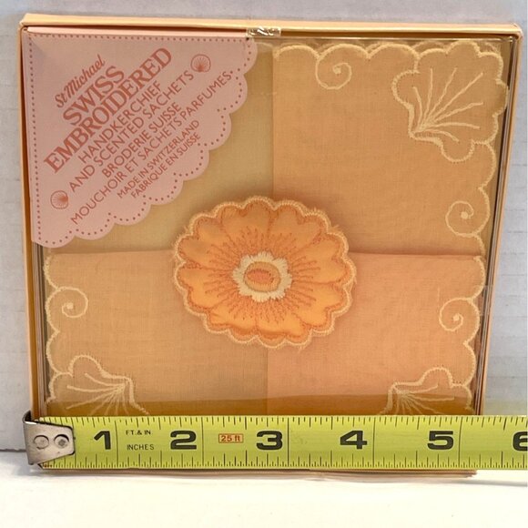 Vintage Swiss Embroidered Handkerchief Scented Sachet Set 100% Cotton Peach READ - Picture 9 of 12
